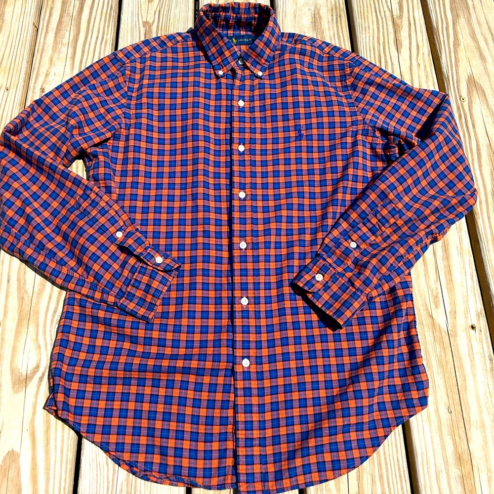 Ralph Lauren Shirt Mens Medium Orange Blue Tartan Plaid‎ Pony Logo College